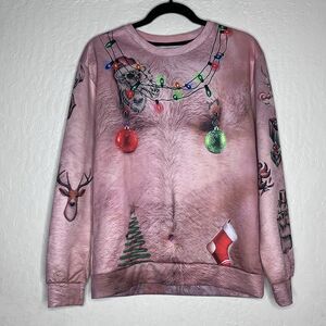 Santa Men's Pierced Hairy Chest Tattoo Ugly Christmas Sweatshirt Sweater Size S